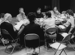 Composer Stephen Sondheim (C) having a meeting around a table with director Harold Prince (2L), choreographer Patricia Birch (3R) and musical director Paul Gemignani (2R) for the Broadway production of the musical "Pacific Overtures"