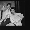 Playwright David Henry Hwang flanked by actors John Lone (L) and Tzi Ma on the set of the NY Shakespeare Festival production of the play "The Dance And The Railroad.".