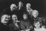 Playwright Edward Albee (C) with actresses Colleen Dewhurst (3L), Betty Field (3R), Jessica Tandy (2R), Madeleine Sherwood (R) and unidentified others on the set of the Broadway production of the play "All Over".