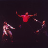 Director/playwright George C. Wolfe (C) flying through the air as actors Savion Glover (L) and Gregory Hines (R) react during a rehearsal for the Broadway production of the musical "Jelly's Last Jam.".