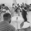 Director/playwright George C. Wolfe (L) working with Savion Glover (2L) and other unidentified actors during a rehearsal for the Broadway production of the musical "Jelly's Last Jam.".