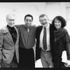 (L-R) Producer Roger Berlind, actor Gregory Hines, an unidentified producer and lyricist Susan Birkenhead at a rehearsal for the Broadway production of the musical "Jelly's Last Jam.".