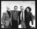(L-R) Producer Roger Berlind, actor Gregory Hines, an unidentified producer and lyricist Susan Birkenhead at a rehearsal for the Broadway production of the musical "Jelly's Last Jam.".
