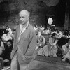 Director Peter Brook surrounded by his cast on the set of the BAM production of the play "The Mahabharata.".