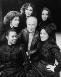 Director Peter Brook (C) with five singers who alternate as Carmen in the Broadway production of the opera "La Tragedie De Carmen." (clockwise frombottom L Cynthia Clarey, Eva Saurova, Helene Delavault, Emily Golden and Patricia Schuman)