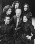 Director Peter Brook (C) with five singers who alternate as Carmen in the Broadway production of the opera "La Tragedie De Carmen." (clockwise frombottom L Cynthia Clarey, Eva Saurova, Helene Delavault, Emily Golden and Patricia Schuman)