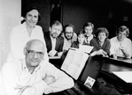 (L-R) Playwright/lyricist Arthur Miller and composer Stanley Silverman with actors (L-R) Len Cariou, director Ran Avni, Alice Playten, Walter Bobbie, Lonny Price and Austin Pendleton of the Off-Broadway musical "Up From Paradise".