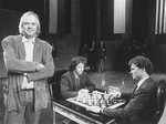 (L-R) Lyricist Tim Rice with actors Philip Casnoff and David Carroll on the set of the Broadway production of the musical "Chess.".