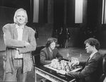 (L-R) Lyricist Tim Rice with actors Philip Casnoff and David Carroll on the set of the Broadway production of the musical "Chess.".
