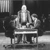 Lyricist Tim Rice (C) with actors Philip Casnoff (L) and David Carroll (R) on the set of the Broadway production of the musical "Chess.".