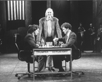 Lyricist Tim Rice (C) with actors Philip Casnoff (L) and David Carroll (R) on the set of the Broadway production of the musical "Chess.".
