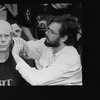 Actor Robert Morse having a bald pate applied as he is made-up for his role as author Truman Capote in the Broadway production of the play "Tru.".