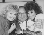 Playwright Neil Simon (C) flanked by actresses Sally Struthers (L) and Rita Moreno during a break in rehearsal for the Broadway production of the female version of his play "The Odd Couple"