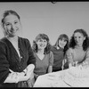 Playwright Beth Henley (L) with actresses (L-R) Mia Dillon, Mary Beth Hurt, Lizbeth Mackay and a birthday cake; from the Broadway production of the play "Crimes Of The Heart.".