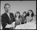 Playwright Beth Henley (L) with actresses (L-R) Mia Dillon, Mary Beth Hurt, Lizbeth Mackay and a birthday cake; from the Broadway production of the play "Crimes Of The Heart.".