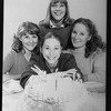 Playwright Beth Henley (C) with actresses (L-R) Mia Dillon, Mary Beth Hurt, Lizbeth Mackay and a birthday cake; from the Broadway production of the play "Crimes Of The Heart.".
