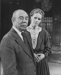 Composer Richard Rodgers and actress Liv Ullmann on the set of the Broadway production of the musical "I Remember Mama.".