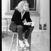 Actress Glenn Close sitting on a stool with a coffee mug in her hands during a rehearsal for the Broadway production of the play "Benefactors."