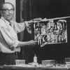Set designer Boris Aronson holding a model of a backdrop for the Broadway production of the musical "Pacific Overtures."