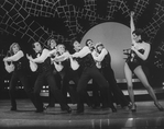 Actress Liza Minnelli (R) performing a musical number with dancers incl. future choreographer Wayne Cilento (2L) in a scene from the Broadway production of the musical "The Act"
