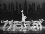 Actress Liza Minnelli (C) performing a musical number with dancers incl. future choreographer Wayne Cilento (3L) in a scene from the Broadway production of the musical "The Act"