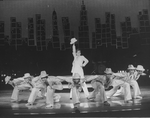 Actress Liza Minnelli (C) performing a musical number with dancers incl. future choreographer Wayne Cilento (3R) in a scene from the Broadway production of the musical "The Act"