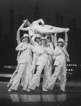 Actress Liza Minnelli (TOP) performing a musical number with dancers in a scene from the Broadway production of the musical "The Act"