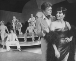 Actors Liza Minnelli and Barry Nelson (R-2R) with dancers incl. future choreographer Wayne Cilento (6L) in a scene from the Broadway production of the musical "The Act"