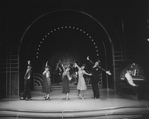(L-R) Actors Andre De Shields, Armelia McQueen, Nell Carter, Charlaine Woodard, Ken Page and Luther Henderson (at the piano) in a scene from the Broadway production of the musical "Ain't Misbehavin'.".