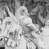 Actress Kate Burton as Alice with man in armor on a horse in a scene from the Broadway revival of the play "Alice In Wonderland.".