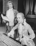 Actors Mark Hamill as Mozart (B) and David Birney as Salieri (T) in a scene from the Broadway production of the play "Amadeus"
