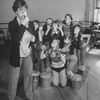 Actress Dorothy Loudon blowing a whistle as she is surrounded by orphan girls incl. Andrea McArdle (2L) as Little Orphan Annie during a rehearsal for the Broadway production of the musical "Annie.".