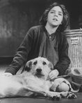 Actress Allison Smith as Little Orphan Annie with Sandy the dog in a scene from the Broadway production of the musical "Annie.".