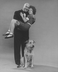Actors Andrea McArdle as Little Orphan Annie, Reid Shelton as Daddy Warbucks and Sandy the dog in a scene from the Broadway production of the musical "Annie.".