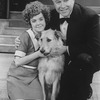 Actors Andrea McArdle as Little Orphan Annie, Reid Shelton as Daddy Warbucks and Sandy the dog in a scene from the Broadway production of the musical "Annie.".