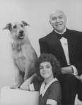 Actors Andrea McArdle as Little Orphan Annie, Reid Shelton as Daddy Warbucks and Sandy the dog in a scene from the Broadway production of the musical "Annie.".