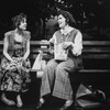 (R-L) Actresses Annie Golden and Debra Monk as pres. assassins Lynette "Sqeaky" Fromme and Sarah Jane Moore in a scene from the Playwrights Horizons production of the musical "Assassins".