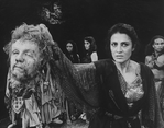 Actress Irene Papas holding a decapitated head in a scene from the Circle In The Square production of the play "The Bacchae"