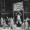 Actors Jim Dale (5R) and Glenn Close (R) as P.T. Barnum and his wife Chairy with Terrence Mann (4R) in a scene from the Broadway production of the musical "Barnum"