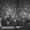 Unidentified actors impersonating Beatles (L-R) John Lennon, Ringo Starr, George Harrison, and Paul McCartney in a scene from the Broadway production of the show "Beatlemania."