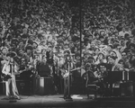 Unidentified actors impersonating Beatles (L-R) John Lennon, Ringo Starr, George Harrison, and Paul McCartney in a scene from the Broadway production of the show "Beatlemania."