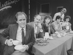 (L-R) Actors John Lithgow, Peter Michael Goetz, Kate MacGregor Stewart, Jack Gilpin, David Hyde Pierce and Dianne Wiest in a scene from the Broadway production of the play "Beyond Therapy.".