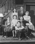 (L-R) Actors Elizabeth Ward, Kathleen Widdoes, Marissa Chibas, Matthew Broderick, Peter Michael Goetz, Patrick Breen and Marilyn Chris from the Broadway production of the play "Brighton Beach Memoirs"