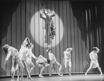 Actor George Hearn (C) in drag with drag performers in a scene from the Broadway production of the musical "La Cage Aux Folles."