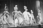 Actor George Hearn (C) in drag with drag performers in a scene from the Broadway production of the musical "La Cage Aux Folles."