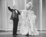 (L-R) Actors Gene Barry and George Hearn (in drag) in a scene from the Broadway production of the musical "La Cage Aux Folles."