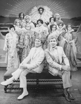 (R-L) Actors Gene Barry and George Hearn with drag performers in a scene from the Broadway production of the musical "La Cage Aux Folles."