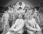 (R-L) Actors Gene Barry and George Hearn with drag performers in a scene from the Broadway production of the musical "La Cage Aux Folles."