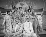 (L-R) Actors Gene Barry and Walter Charles with drag performers in a scene from the Broadway production of the musical "La Cage Aux Folles."