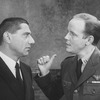 (L-R) Actors Joe Namath and Michael Moriarty in a scene from the Broadway revival of the play "The Caine Mutiny Court-Martial"